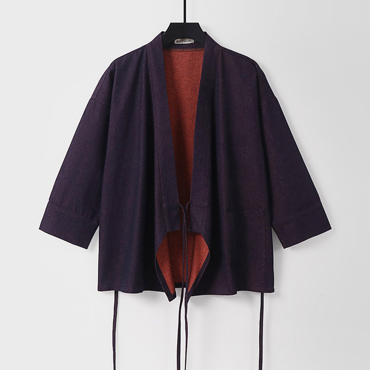 Damen Leichte zweifarbige Kimono-Jacke mit Bindebändern und kontrastiertem Innenfutter Drune