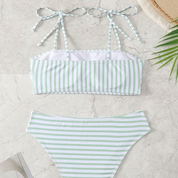 Damen Hochgeschnittener Bikini mit modischen Streifen und verstellbaren Trägern Drune