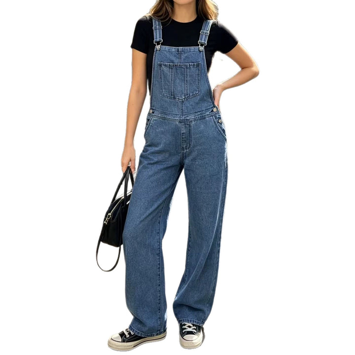 Damen nan weite Denim-Latzhose mit hoher Taille, verstellbaren Trägern und lässigem Schlag Drune
