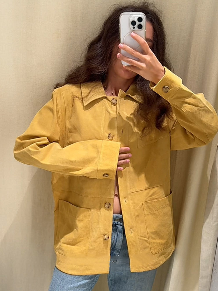 Damen Oversize Baumwoll-Worker-Jacke mit aufgesetzten Taschen Drune