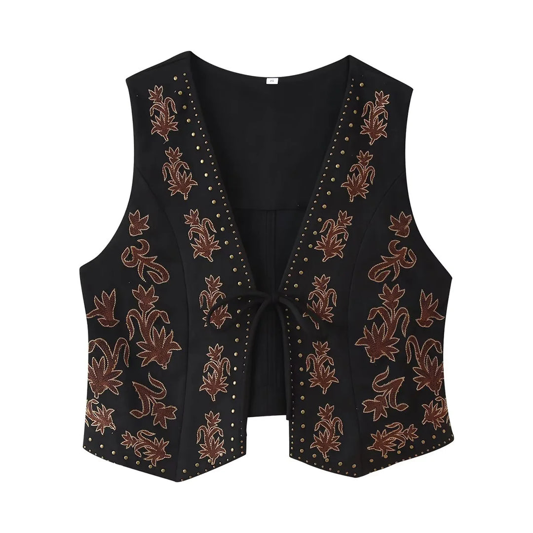 Damen nan bestickte taillierte Weste mit floraler Stickerei, Metallnieten und Bindeband Drune