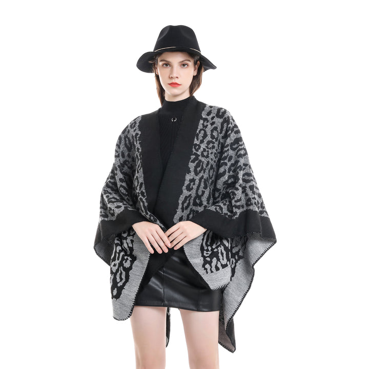 Damen Grobgewebter Jacquard‑Umhang mit Leo‑Print und offener Kimono‑Silhouette Drune