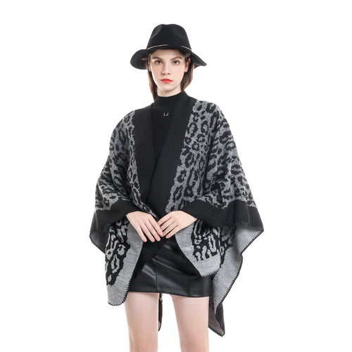 Damen Grobgewebter Jacquard‑Umhang mit Leo‑Print und offener Kimono‑Silhouette Drune