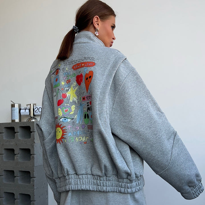 Damen lässiger Sweatshirt mit kreativem Allover-Print und voluminösen Ärmeln Drune