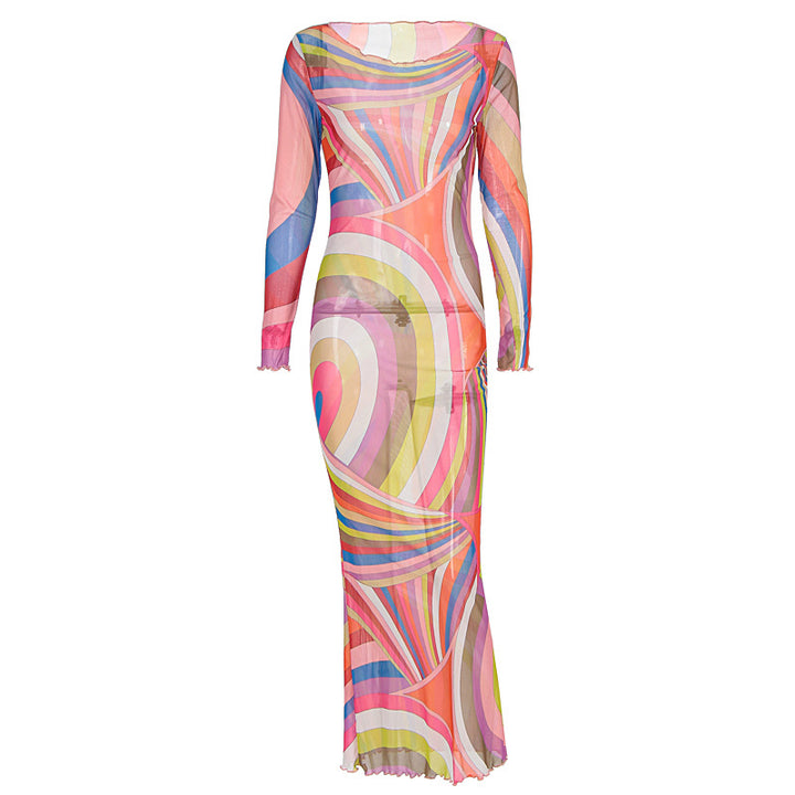 Damen Langarm Maxikleid mit buntem Muster Drune