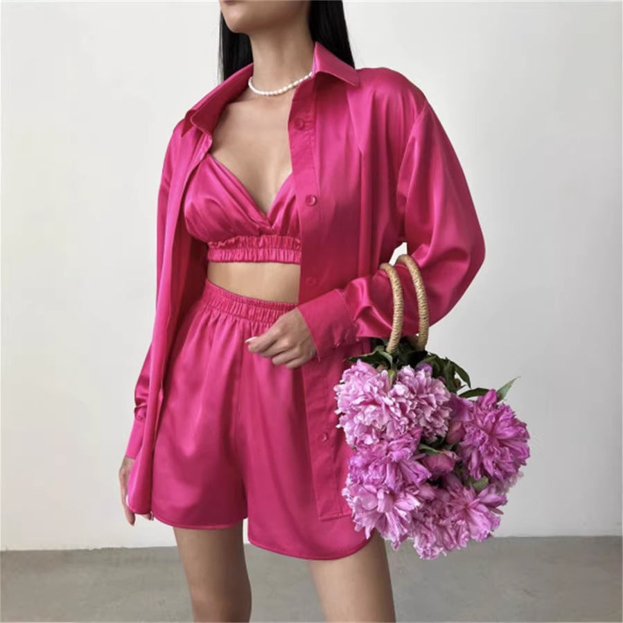 Damen modisches Set aus glattem Blusenoberteil und kurzer Hose Drune