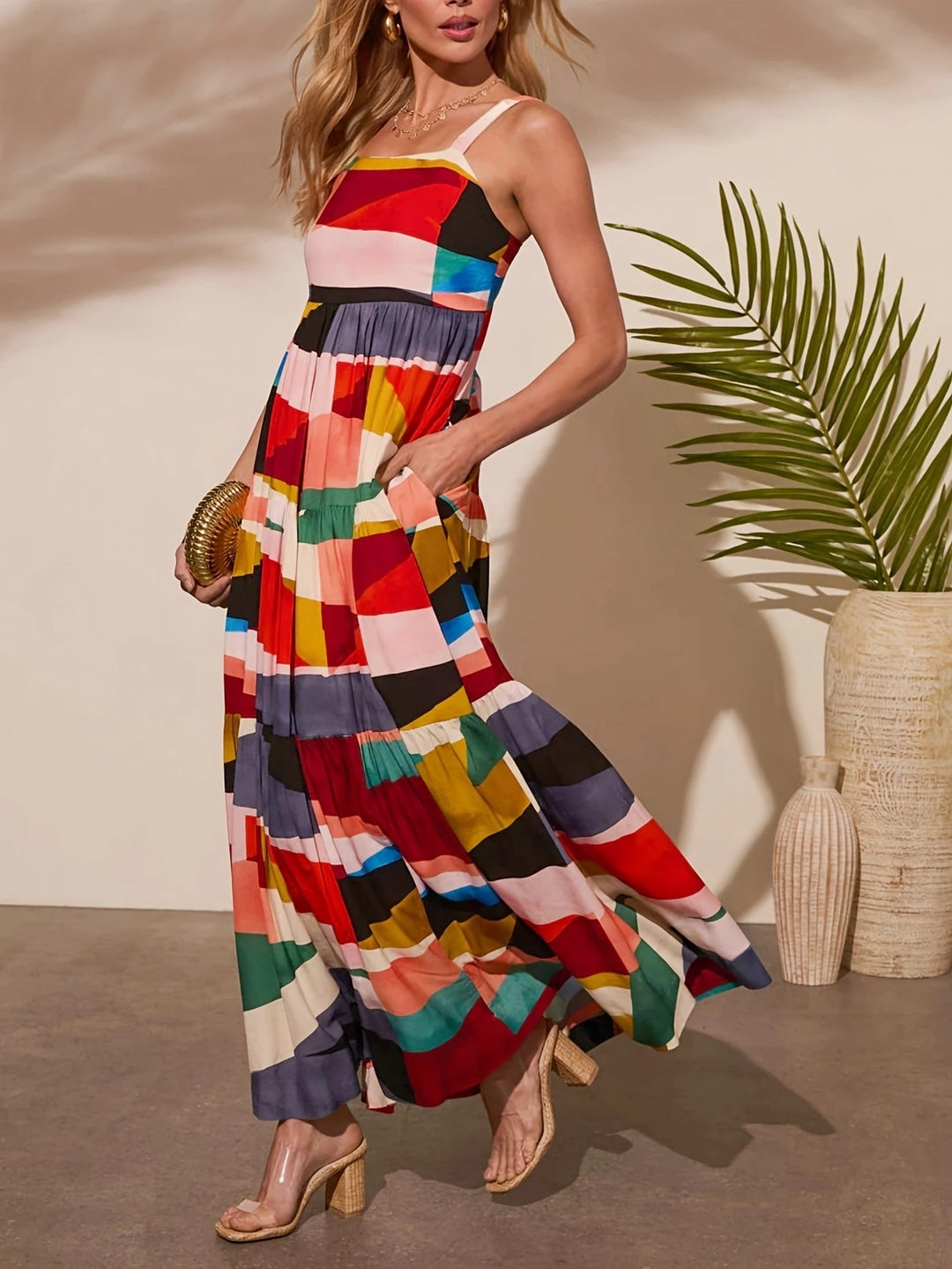 Damen Maxikleid mit buntem geometrischem Muster Drune