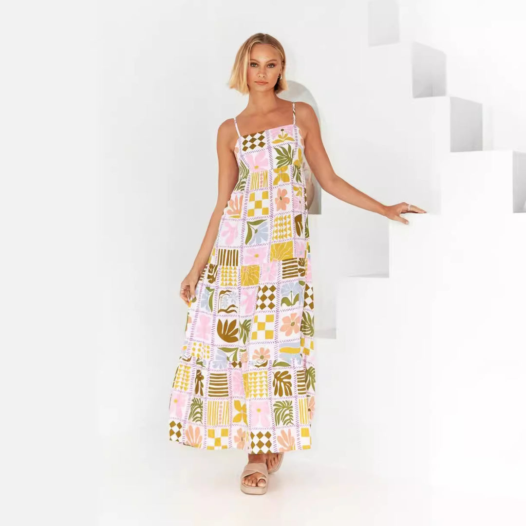 Damen Maxikleid mit gesmoktem Oberteil und verspieltem Grafikdesign Drune