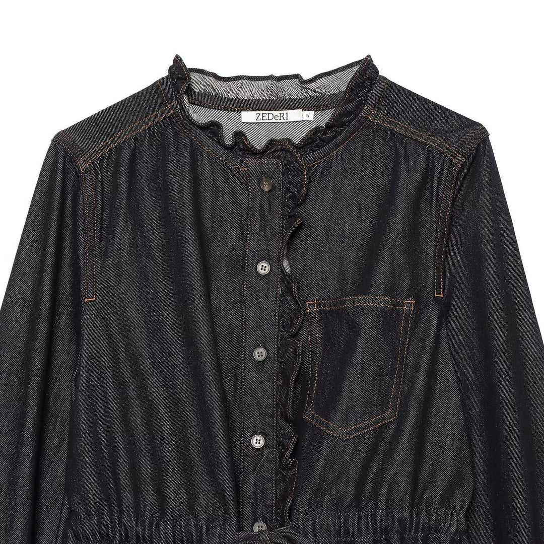 Damen Jeansbluse mit Rüschenleiste, Tunnelzug‑Taille und Manschettenärmel Drune