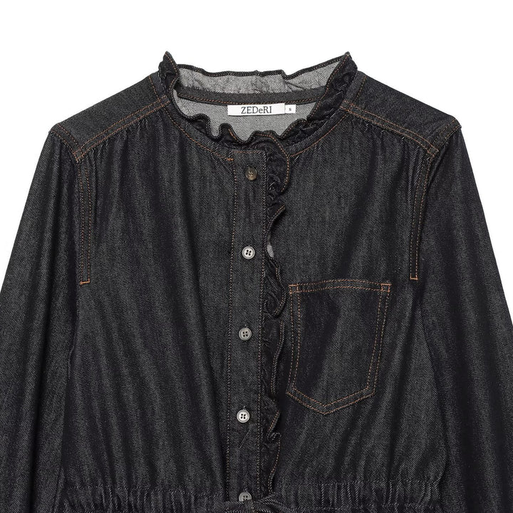 Damen Jeansbluse mit Rüschenleiste, Tunnelzug‑Taille und Manschettenärmel Drune