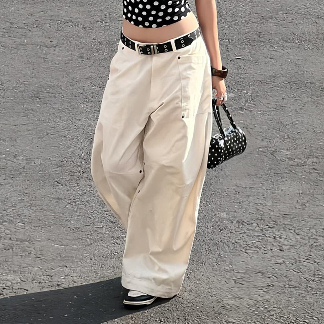 Damen nan weite Highwaist-Canvas-Hose im Carpenter‑Stil mit hohem Bund und aufgesetzten Taschen Drune
