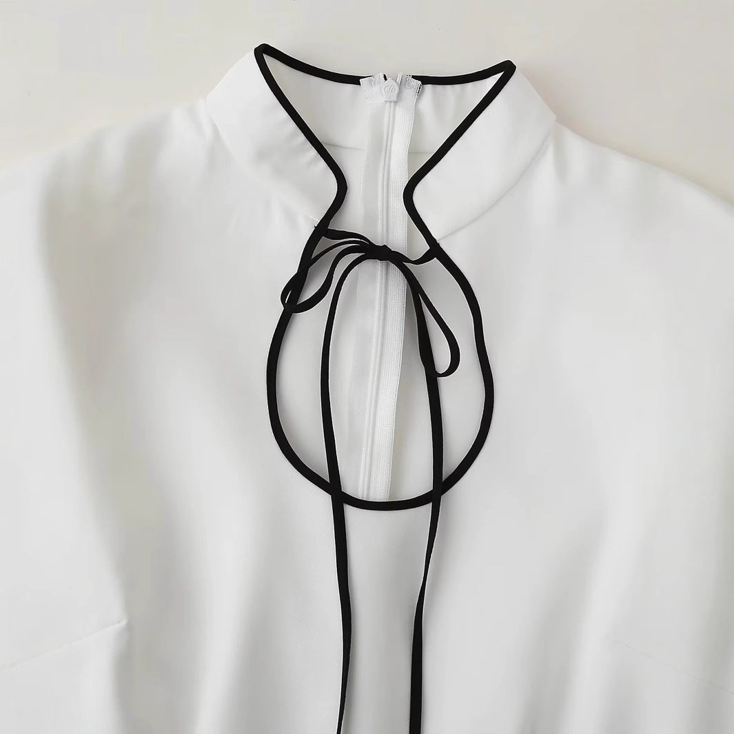 Damen nan tailliertes A-Linienkleid mit Stehkragen, Schleifendetail und kontrastpaspel Drune