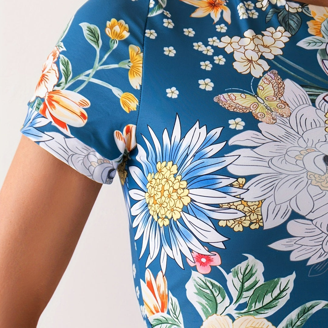 Damen Crop-Top Bade-Set mit floralem Design und hohem Beinausschnitt Drune