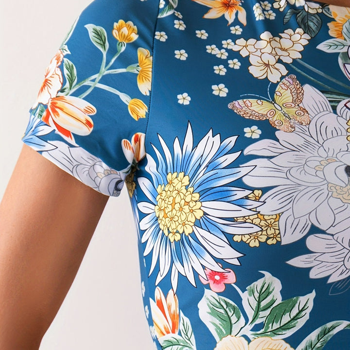 Damen Crop-Top Bade-Set mit floralem Design und hohem Beinausschnitt Drune