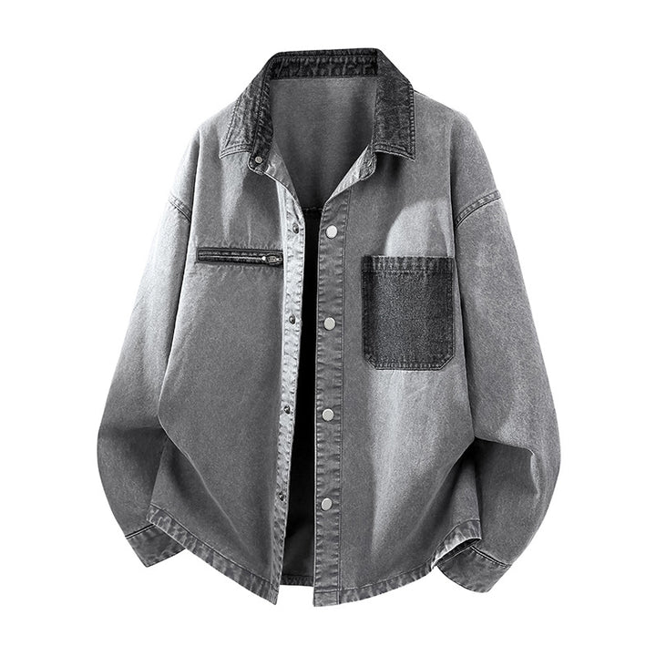 Herren Oversize Denim-Hemdjacke mit Kontrasttasche und Druckknopfleiste Drune