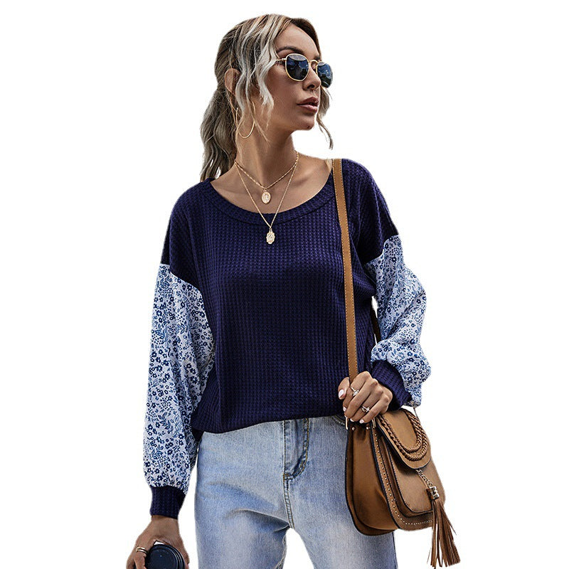 Damen Leichter Waffelstrick-Pullover mit floral gemusterten Balloonärmeln Drune