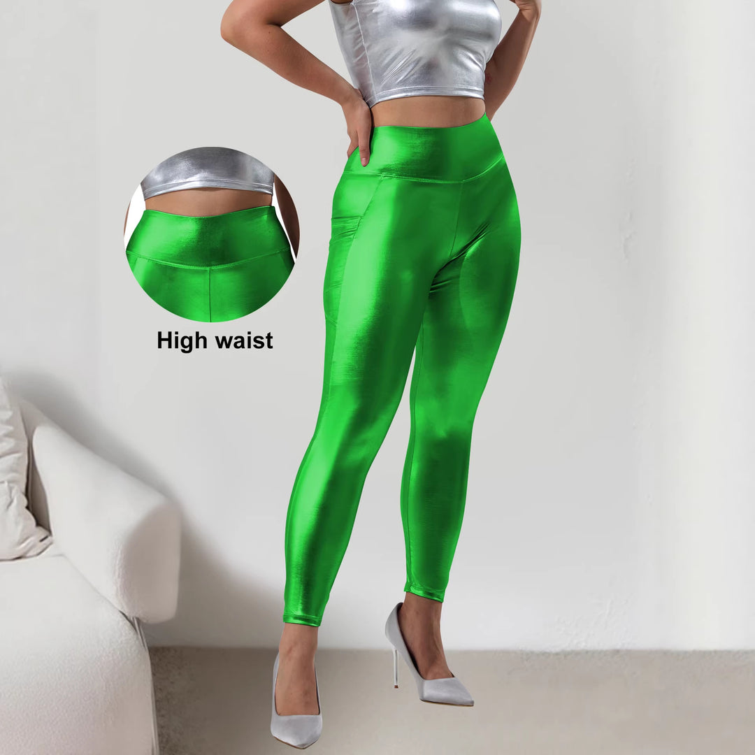 Damen Glänzende High‑Waist Capri-Leggings mit Smartphone-Seitentasche Drune