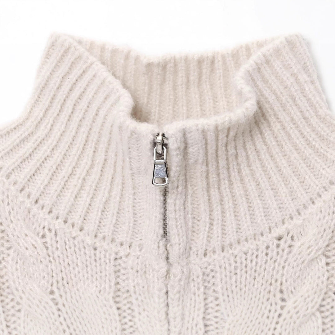 Damen Grobgestrickte Zopfstrick-Cardigan mit Stehkragen und Reißverschluss Drune