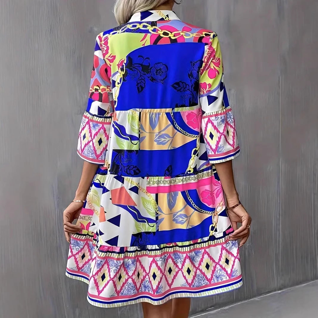 Damen Freizeitkleid mit buntem Grafikdesign und ausgestellten Ärmeln Drune