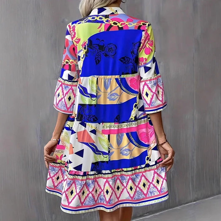 Damen Freizeitkleid mit buntem Grafikdesign und ausgestellten Ärmeln Drune