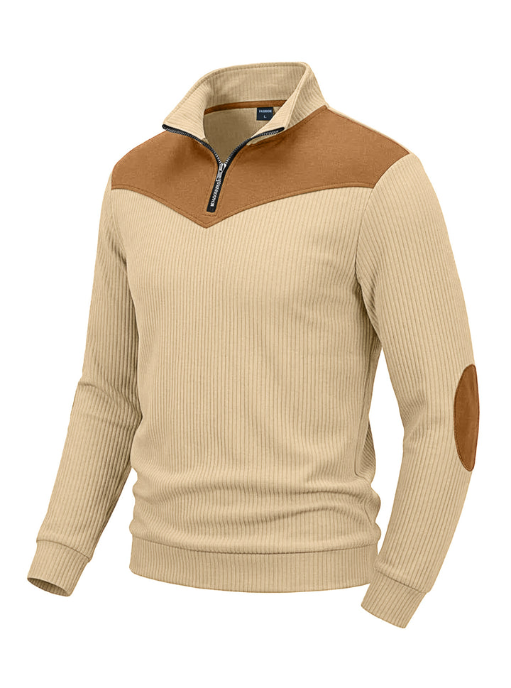 Herren Strickpullover mit Troyerkragen, Rippenstruktur und Ellbogen-Patches Drune