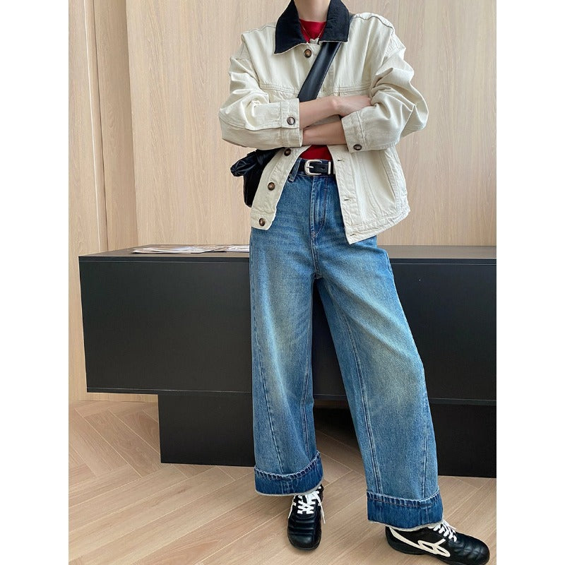 Damen lässige Jeansjacke mit kontrastierendem Kragen und geräumigen Taschen Drune