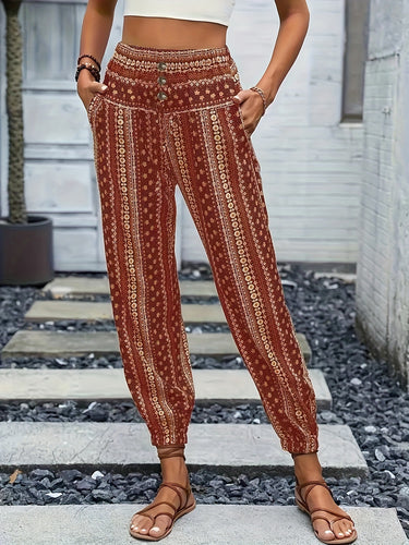 Damen Weite Freizeithose mit elastischem Bund und knopfverzierter Taille Drune