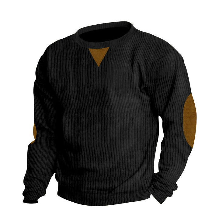 Herren nan gerippter Strickpullover mit Rundhalsausschnitt Ellbogen-Patches und Zierdreieck Drune