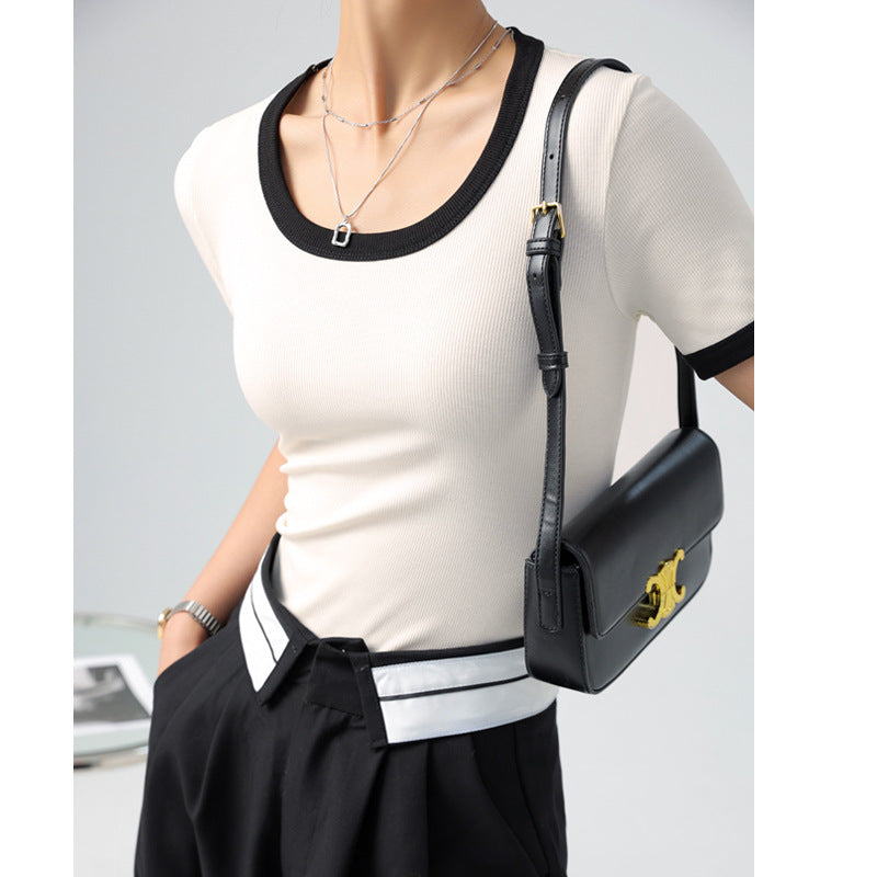 Damen kurzärmliges Shirt mit geometrischem Rippdesign und Kontrastdetails Drune