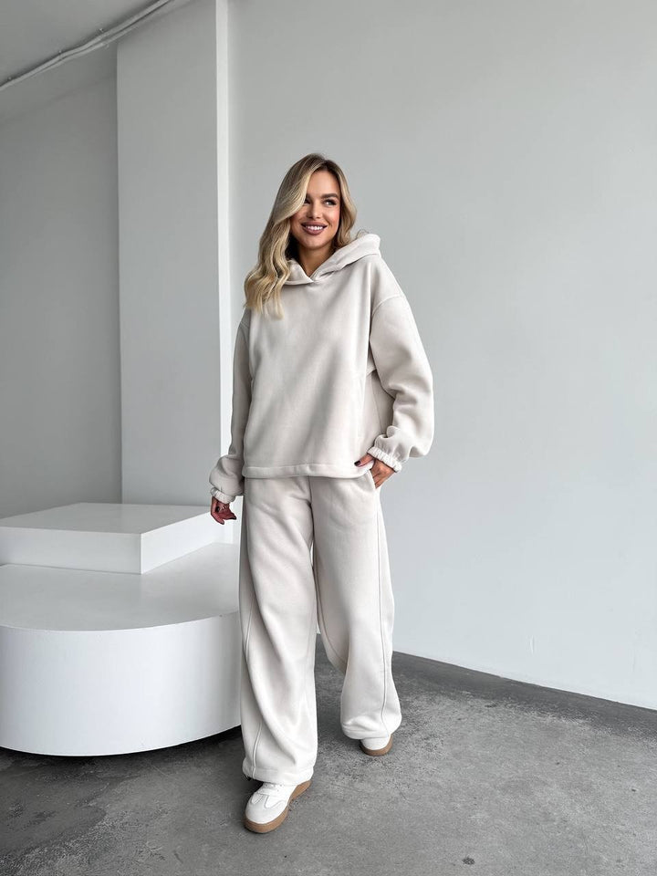 Damen Oversize Loungewear-Set aus schwerem Sweat mit Kapuzenpullover und weitem hochgeschnittenem Jogger Drune