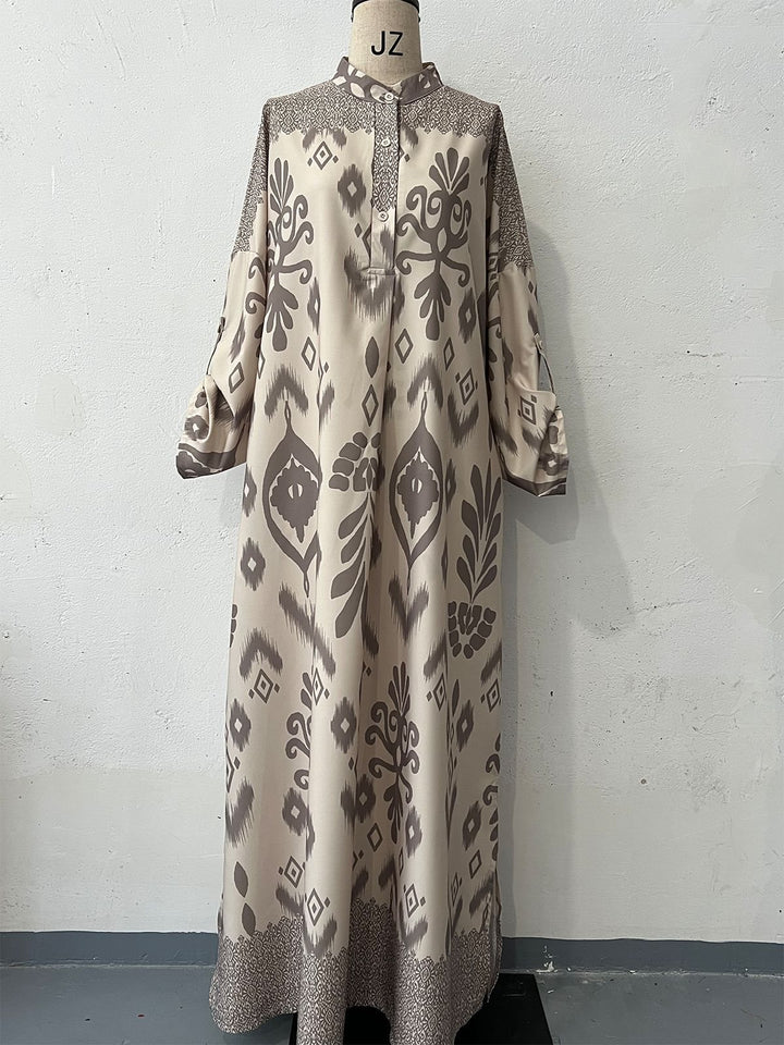 Damen maxilanges Kleid mit elegantem Muster und Knopfdetails Drune