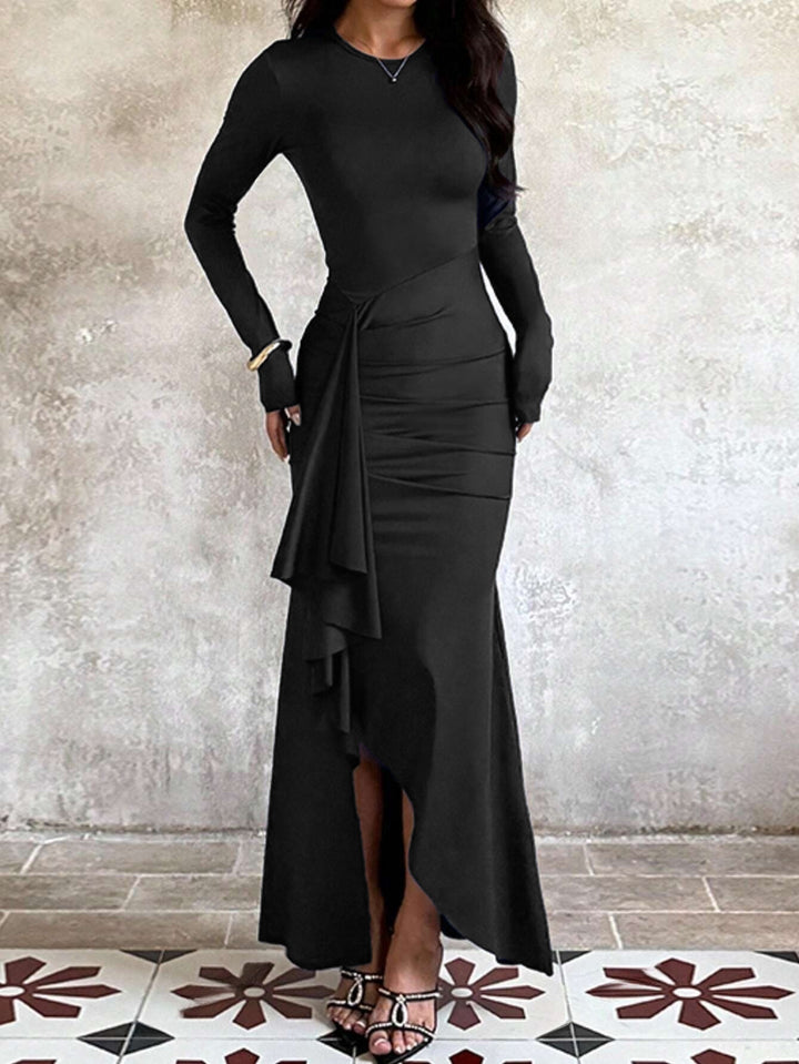 Damen nan eng anliegendes Abendkleid mit langen Ärmeln, geraffter Taille und asymmetrischem Volant Drune