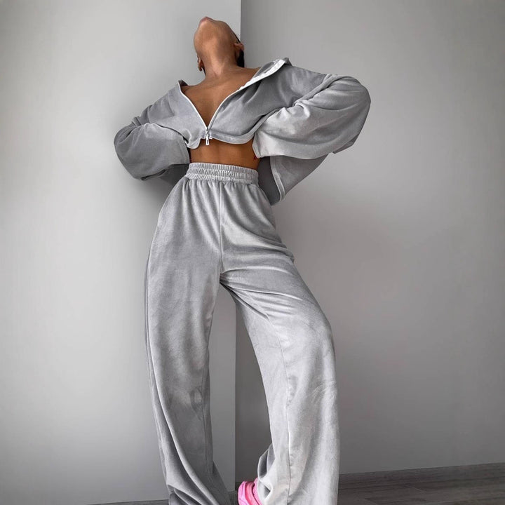 Damen lässiges Fleece-Set mit hochgeschlossenem Reißverschluss und weit geschnittenen Beinen Drune