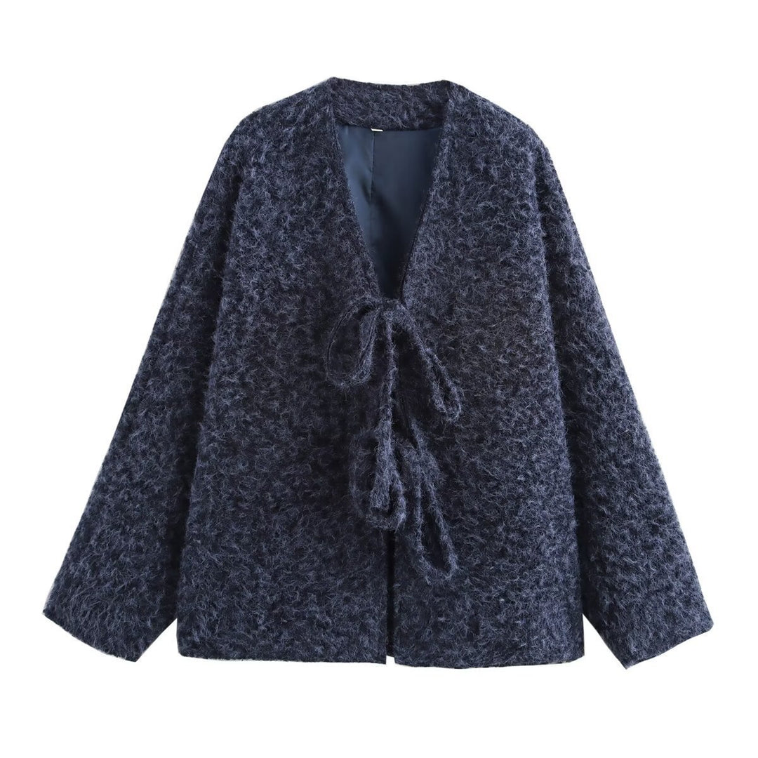 Damen lässige Wolljacke mit Bindebändern Drune