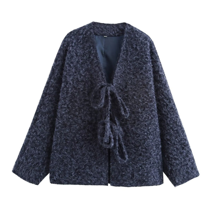 Damen lässige Wolljacke mit Bindebändern Drune