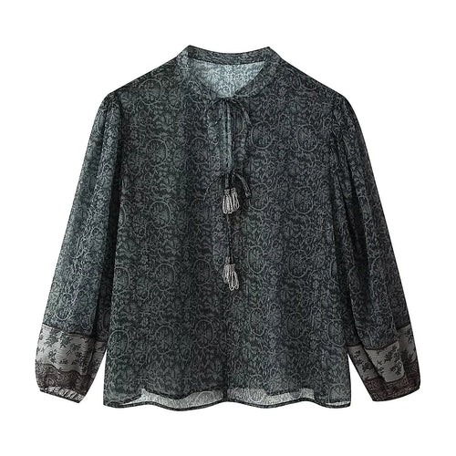 Damen nan Chiffonbluse mit Paisley‑Print, Quasten‑Bindeband und voluminösen Ballonärmeln Drune