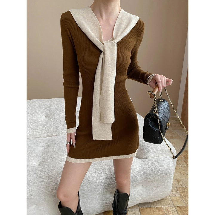 Damen figurbetontes Strickkleid mit stylischem Schalkragen und langen Ärmeln Drune