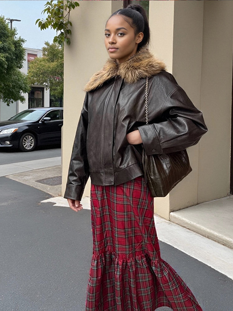 Damen Boxy Lederimitat-Blouson mit abnehmbarem Webpelzkragen und verdeckter Knopfleiste Drune