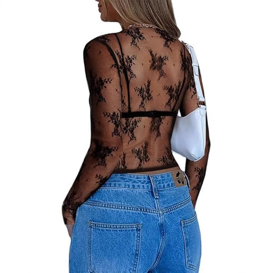 Damen Transparente Spitzenbluse mit eleganten Details Drune