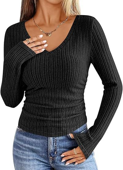 Damen Geripptes tailliertes Langarm-Feinstrickshirt mit V‑Ausschnitt und Ärmelschlitz Drune