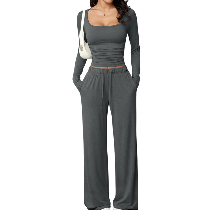 Damen Zweiteiliges Relax-Set mit tailliertem Langarm-Croptop und weiter Jerseyhose Drune
