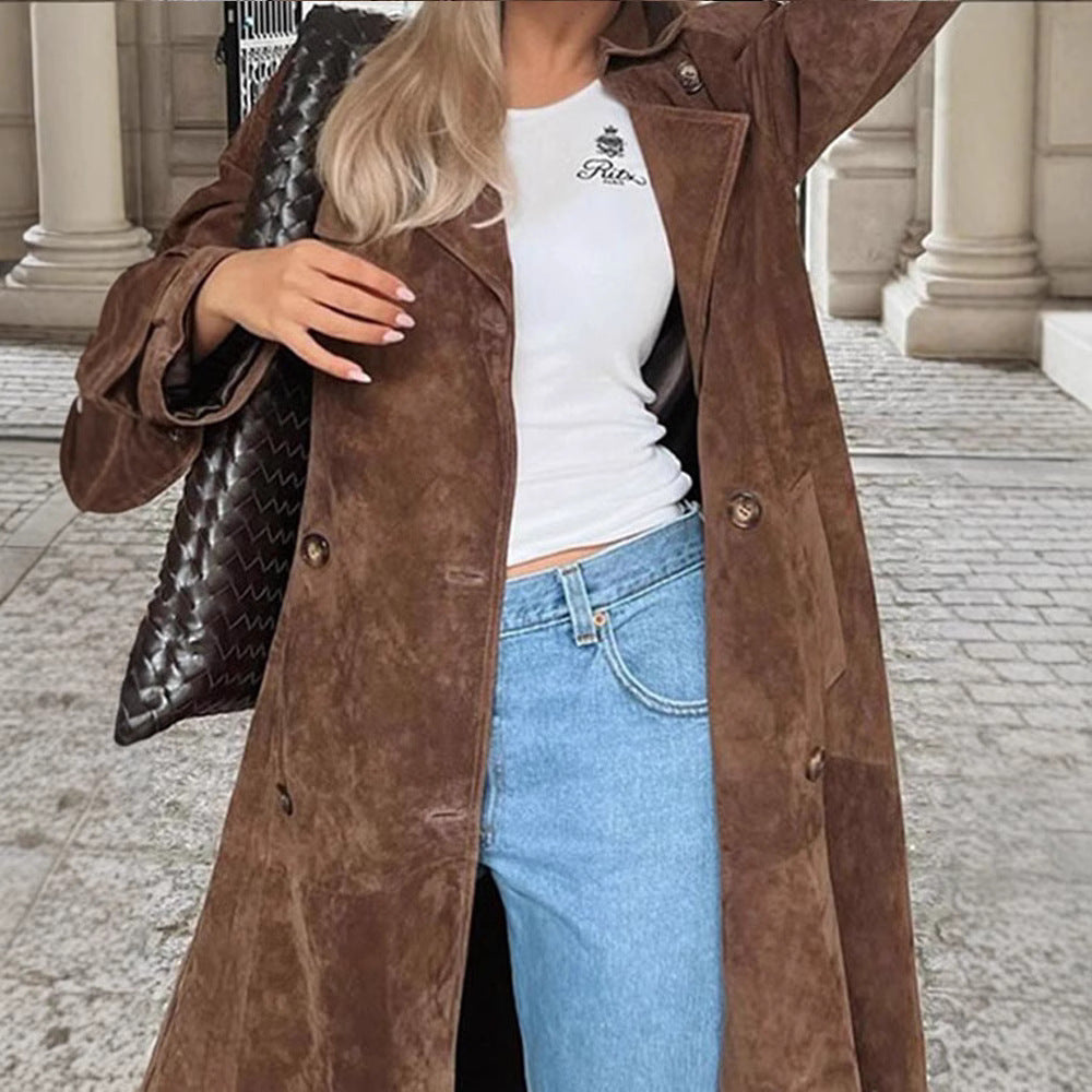 Damen Langer Doppelreihiger Trenchcoat aus Veloursleder-Optik mit Taillengürtel Drune