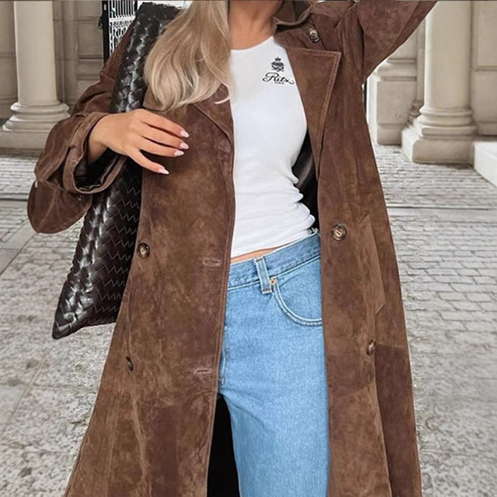 Damen Langer Doppelreihiger Trenchcoat aus Veloursleder-Optik mit Taillengürtel Drune