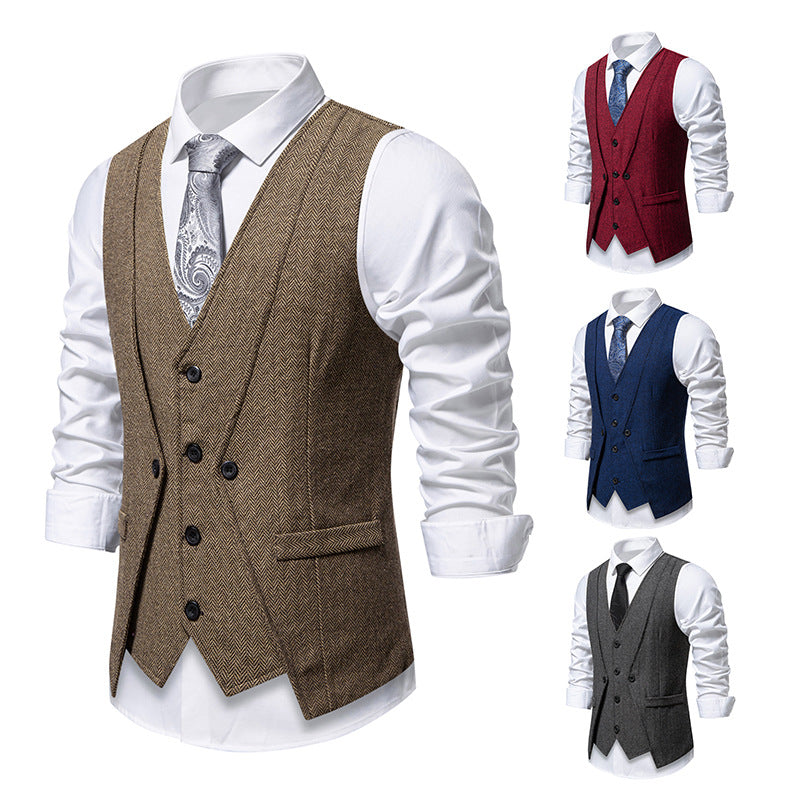 Herren Elegante Fischgräten-Tweedweste mit doppelreihiger Knopfleiste und Pattentaschen Drune