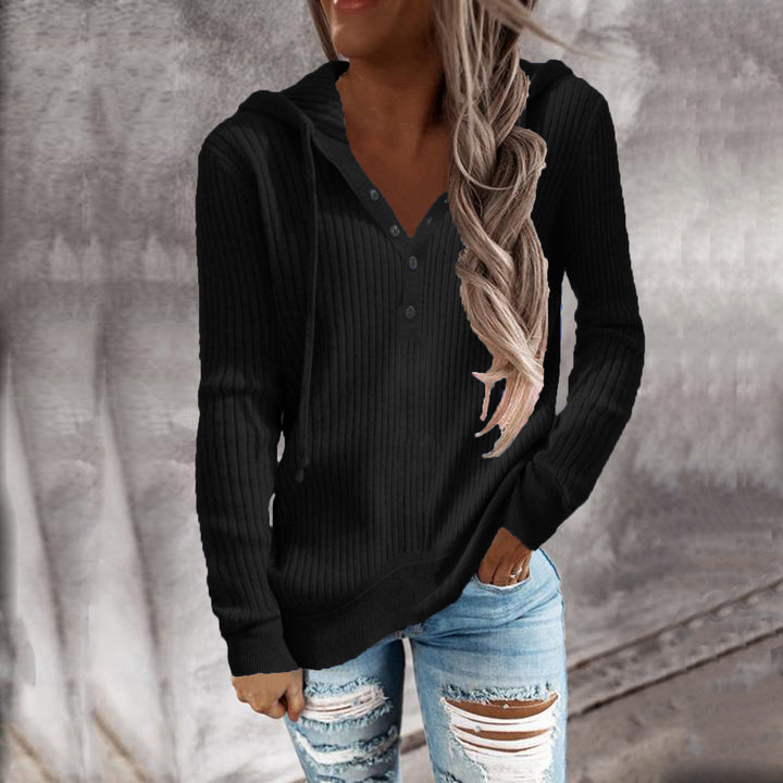 Damen Lässiger gerippter Hoodie-Pullover mit Henley-Knopfleiste und Tunnelzug Drune