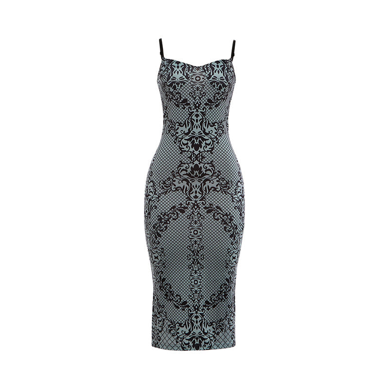 Damen Figurbetontes Kleid mit elegantem Muster und feinen Trägern Drune