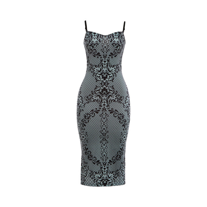 Damen Figurbetontes Kleid mit elegantem Muster und feinen Trägern Drune
