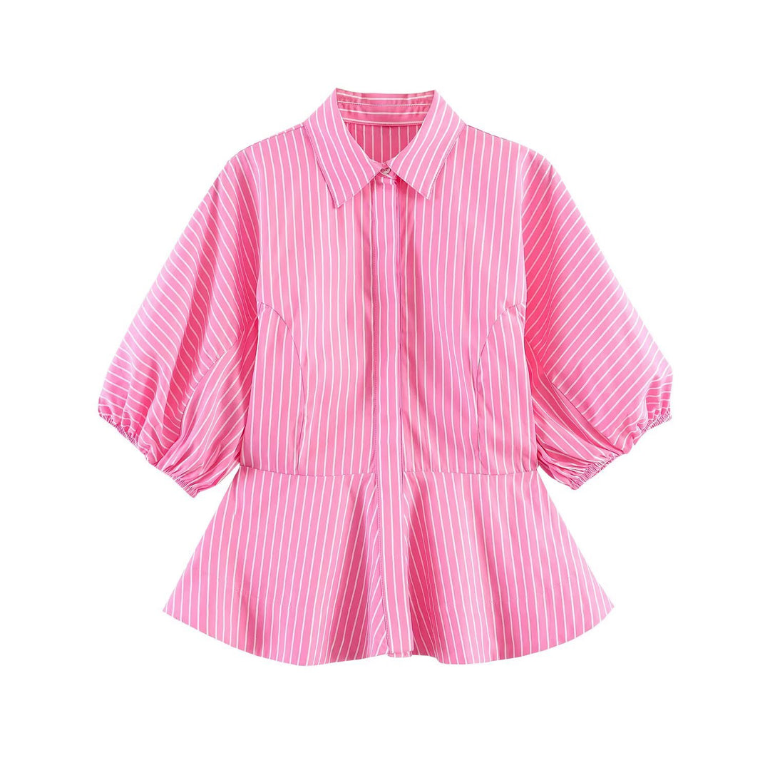 Damen Gestreifte Peplum-Bluse mit Ballonärmeln und Hemdkragen Drune