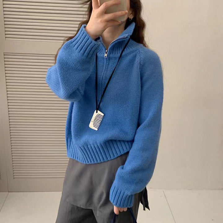Damen Kuscheliger Gestrickter Pullover mit Stehkragen und Reißverschluss Drune
