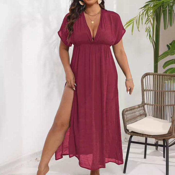 Damen luftiges Maxikleid mit tiefem V-Ausschnitt und seitlichen Schlitzen Drune